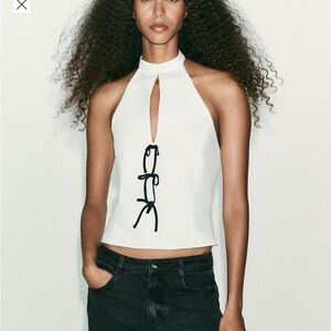 NWT ZARA Chic White Halter Top with Black bow tied minimalist